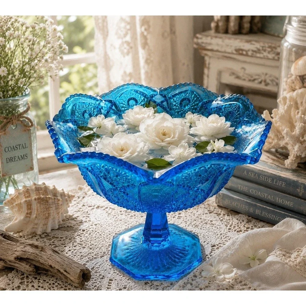 L E Smith Heritage Quintec Blue Stemmed Footed Compote Dish Bowl Cottage Core